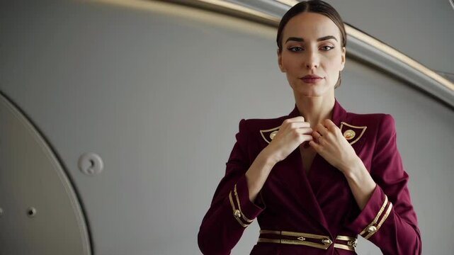 Elegant flight attendant adjusting burgundy uniform jacket