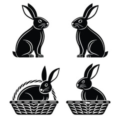 Four Black Rabbits, Two Sitting Facing Each Other and Two Placed in Wicker Baskets
