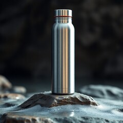 Obraz premium A sleek, stainless steel water bottle with no logo or branding, standing upright on natural rock with mist or condensation around its base. Gentle ambient lighting highlights