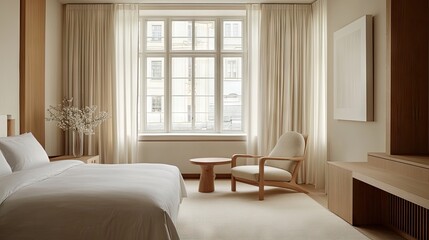 Fototapeta premium Hotel guest room with FSC-certified wooden furniture and linen curtains