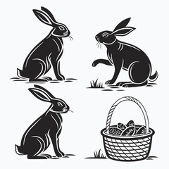 Black and White Silhouette of Sitting Rabbits with Basket and Eggs in the Grass