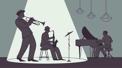 Vintage Jazz Band Silhouette Illustration Live Music Trumpet Sax Piano Stage