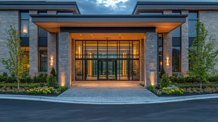 Obraz premium Lobby entrance surrounded by greenery and sustainable landscaping