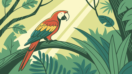 Vibrant Cartoon Red Macaw Parrot Perched on a Branch in a Lush Tropical Jungle Nature Illustration