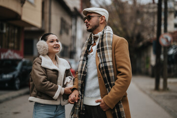 Naklejka premium A happy couple takes a leisurely walk outdoors, dressed in stylish autumn outfits. The atmosphere is warm and casual, capturing the essence of joy and companionship on a crisp day.