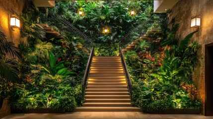Fototapeta premium Lobby entrance surrounded by greenery and sustainable landscaping