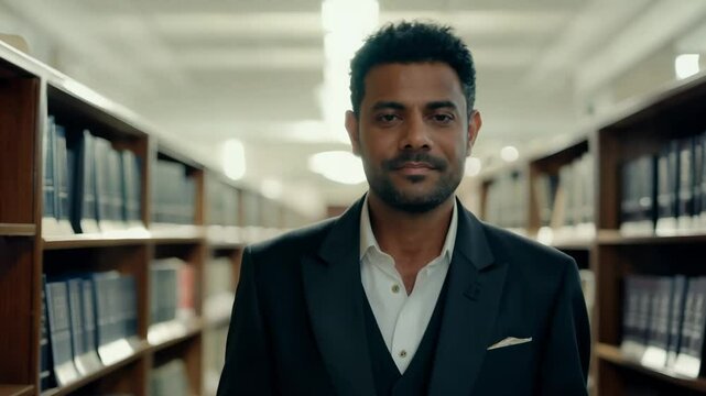 The camera slowly zooms in as a reserved 39-year-old black man in a mexican charro suit walks confidently, the ambient light of the library illuminates his thoughtful expression