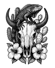 Iguana, bull skull, flowers & cacti