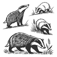 Badger Silhouettes Set Black & White Wildlife Collection, Animals in Grass, Nature Art