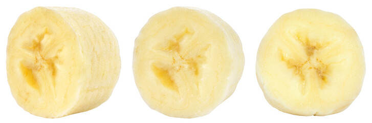 Banana slice isolated png. Sliced banana no skin on transparent background. Cut banana round slices. Collection. Transparent png.