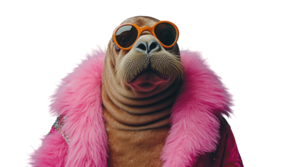 Walrus Wearing Orange Sunglasses and Pink Fur Coat on Transparent Background