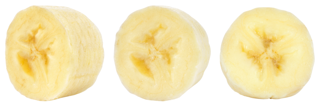 Banana slice isolated png. Sliced banana no skin on transparent background. Cut banana round slices. Collection. Transparent png.