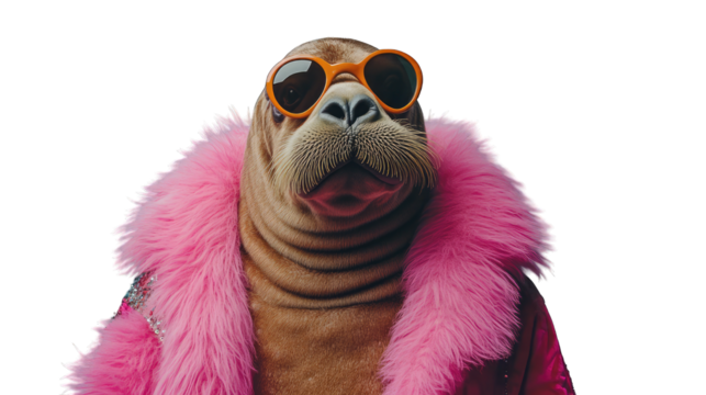 Walrus Wearing Orange Sunglasses and Pink Fur Coat on Transparent Background