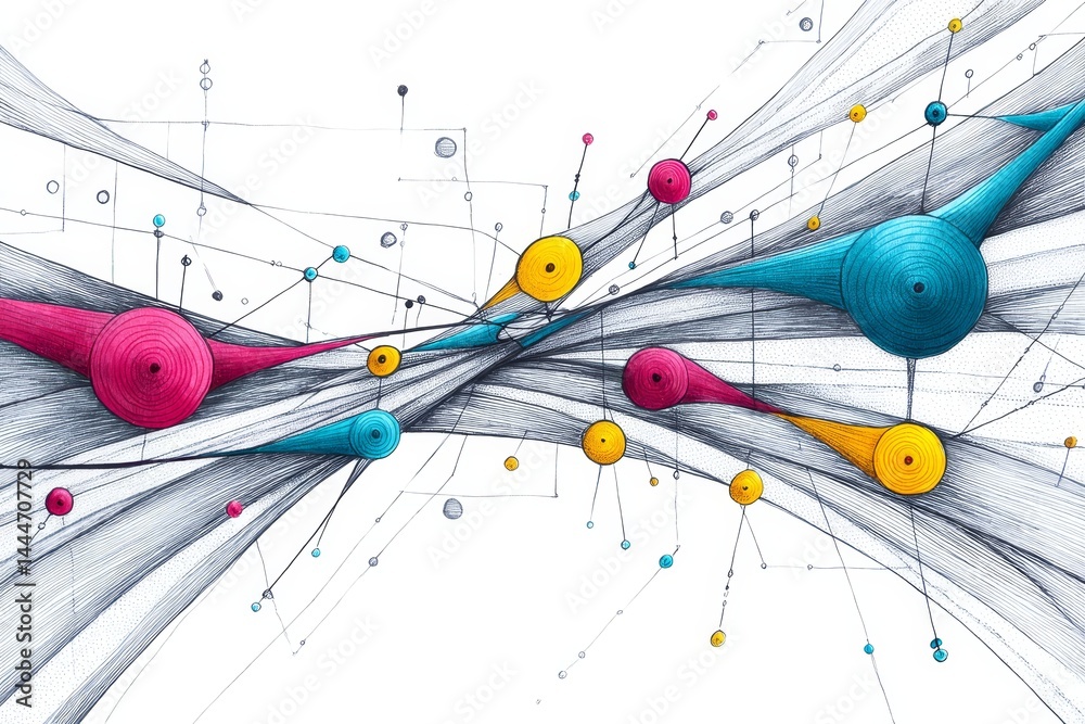 Poster abstract network connections - colorful abstract artwork depicting interconnected nodes and flowing 