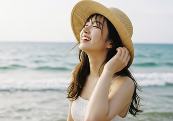 海辺で過ごす若い女性