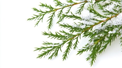 Close-up of snowy evergreen branches against a white background.