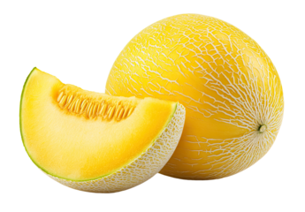 Fresh yellow cantaloupe, whole and sliced