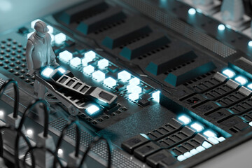 Miniature figures working on a glowing circuit board in a 3D futuristic setting