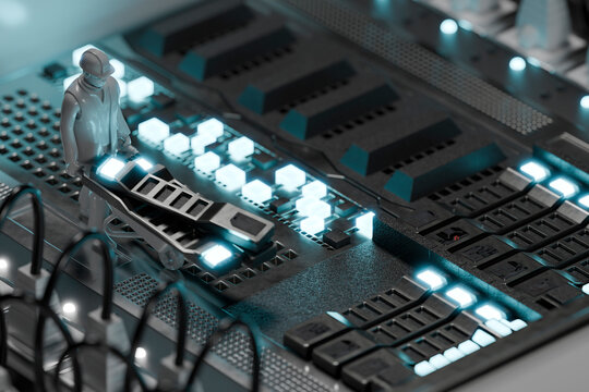 Miniature figures working on a glowing circuit board in a 3D futuristic setting