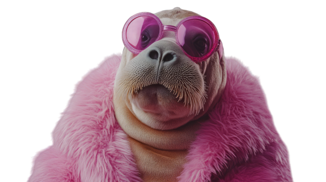 Seal Wearing Pink Sunglasses and Fur Coat on Transparent Background - Powered by Adobe