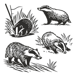 Black and White Badger Silhouettes Wild Animal Illustrations in Various Poses in Grass