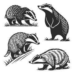Monochrome Badger Set Four Isolated Wildlife Animals with Detailed Fur and Distinct Stripes © Shipon