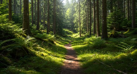 Obraz premium Forest Path Through Tall Trees and Green Ferns