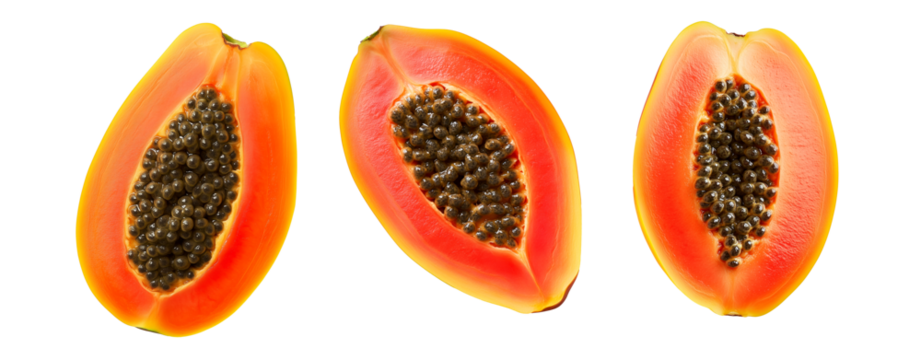 Set of Half-cut ripe papaya showcasing orange flesh and black seeds, isolated on clean transparent white background, concept of tropical fruit