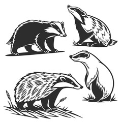 Badger Set Silhouette Illustrations Standing, Walking, Looking Up, and Sitting Flat Art