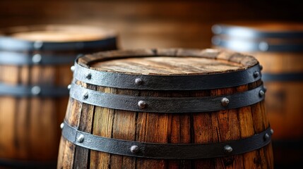 Aged Wooden Barrels Close Up - Rustic wooden barrels, aged texture, metal bands, dark background, storage concept, winemaking concept