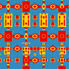 Minimalist African tribal geometric in primary colors, seamless pattern.