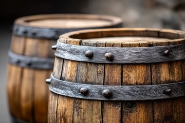 Aged Wooden Barrels with Metal Bands - Two weathered wooden barrels, bound with sturdy metal bands, symbolize age, tradition, craftsmanship, strength