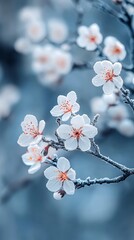 Blossom Snow Covered Branches in Winter with Frozen Scene