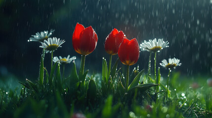 Obraz premium Red tulips and white daisies stand vibrantly in lush green field, glistening with raindrops under gentle shower, creating serene and refreshing scene