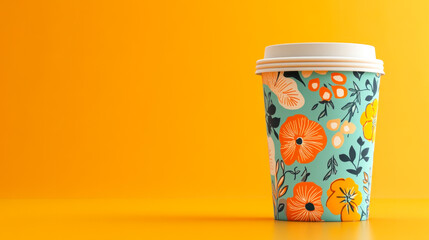 Rotating coffee cup showcases retro floral patterns and geometric shapes in vibrant colors