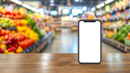 Blank smartphone mockup on wooden counter in grocery store with colorful produce in background