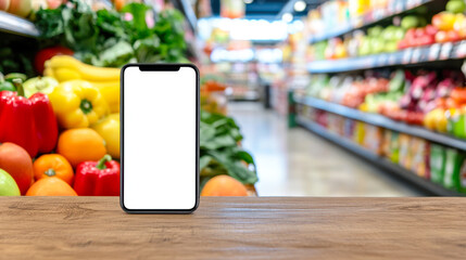 Smartphone mockup on wooden counter in vibrant grocery store filled with fresh produce