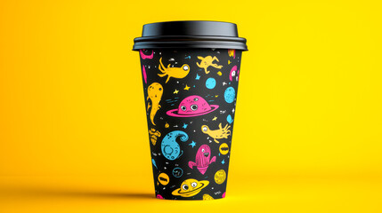 Creative coffee cup mockup featuring neon aliens and spaceships against a bright background