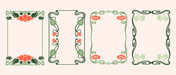 Art Nouveau style abstract floral and plant vector frames set. Decorative vintage ornate whimsical frames
