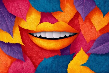 Autumnal Smile - Vibrant autumn leaves frame a smiling mouth, symbolizing joy, nature's beauty, seasonal change, renewal, and positivity