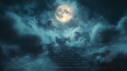 A staircase leading to the moon, with misty clouds and an eerie atmosphere. The full moon casts its light on the dark stairs.
