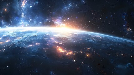 Sunrise over the Earth Planet. Science fiction art. Elements of this image furnished , Beautiful Sunrise over the Earth. View from space

