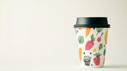 Brightly colored takeaway coffee cup with hand-drawn vegetables in studio lighting