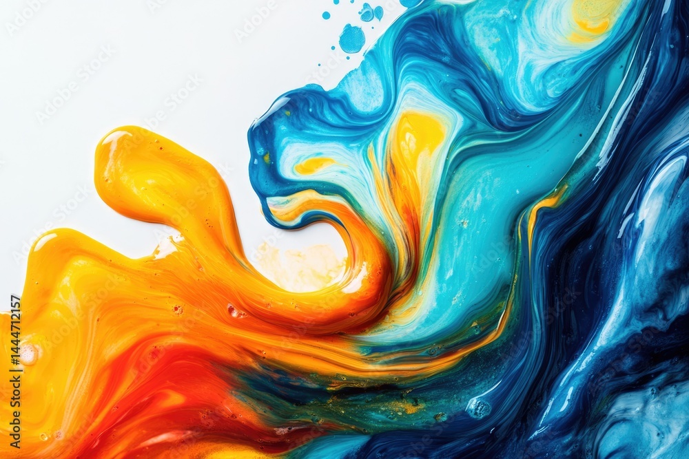 Poster abstract artwork featuring vibrant swirls of orange, yellow, and blue paint, creating a dynamic and 