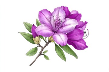 Obraz premium Blooming Azalea Branch Engraving Sketch - Delicate azalea blossoms, vibrant purple petals, detailed engraving , botanical illustration, spring freshness
