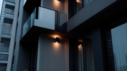 Obraz premium Modern apartment building exterior at twilight. Balconies, lighting, and contemporary architecture are highlighted
