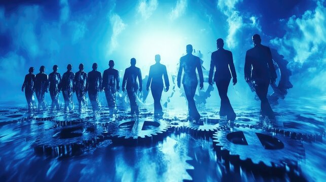 Team Walking Towards Success Blue Sky Gear Concept.