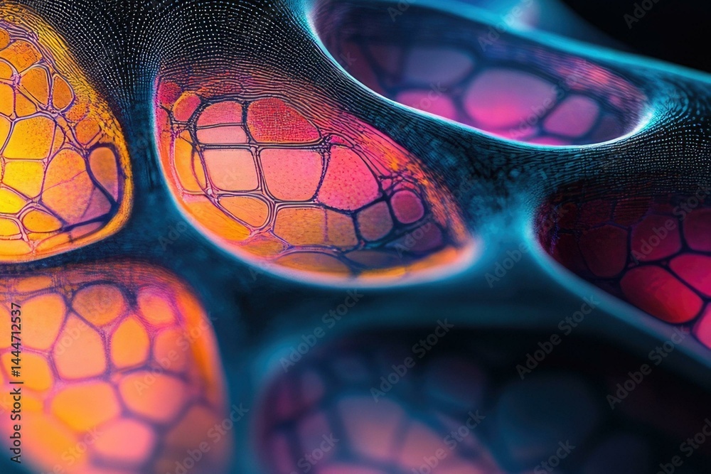 Poster Abstract image showcasing vibrant, bioluminescent, cellular structures with flowing, interconnected patterns.