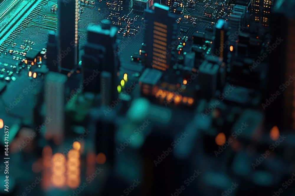 Poster a miniature cyberpunk city built on a circuit board, glowing with neon lights at night.