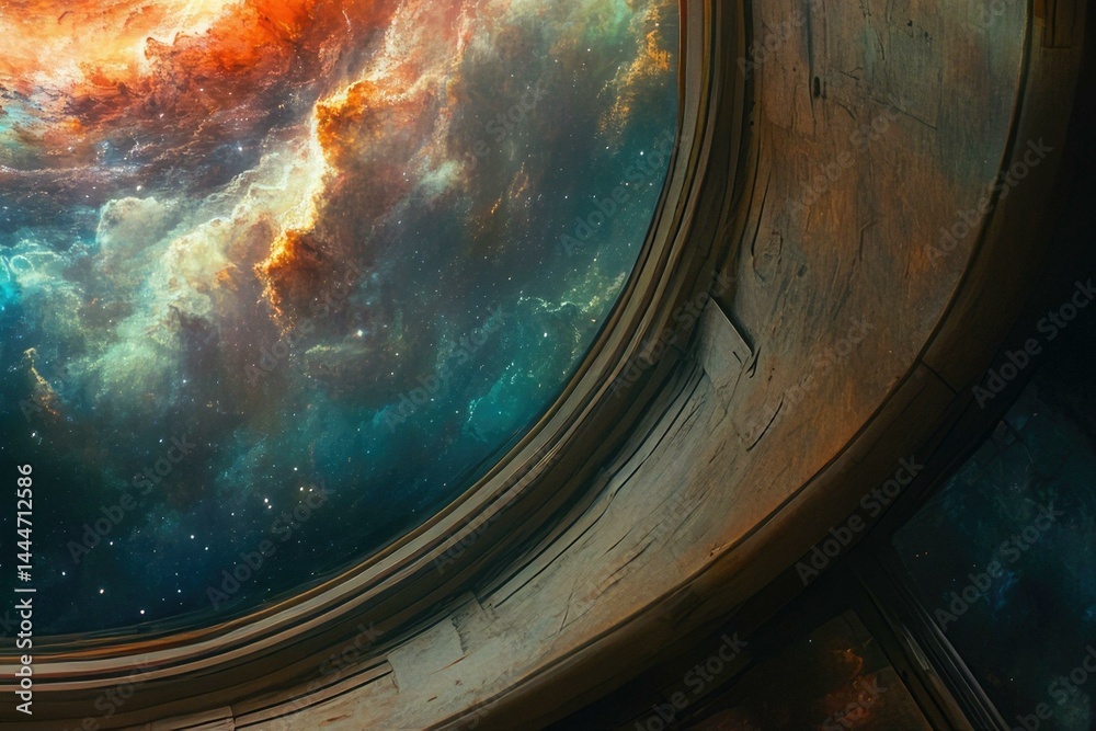 Poster a mesmerizing cosmic nebula viewed through a rustic, wooden porthole, evoking a sense of wonder and 